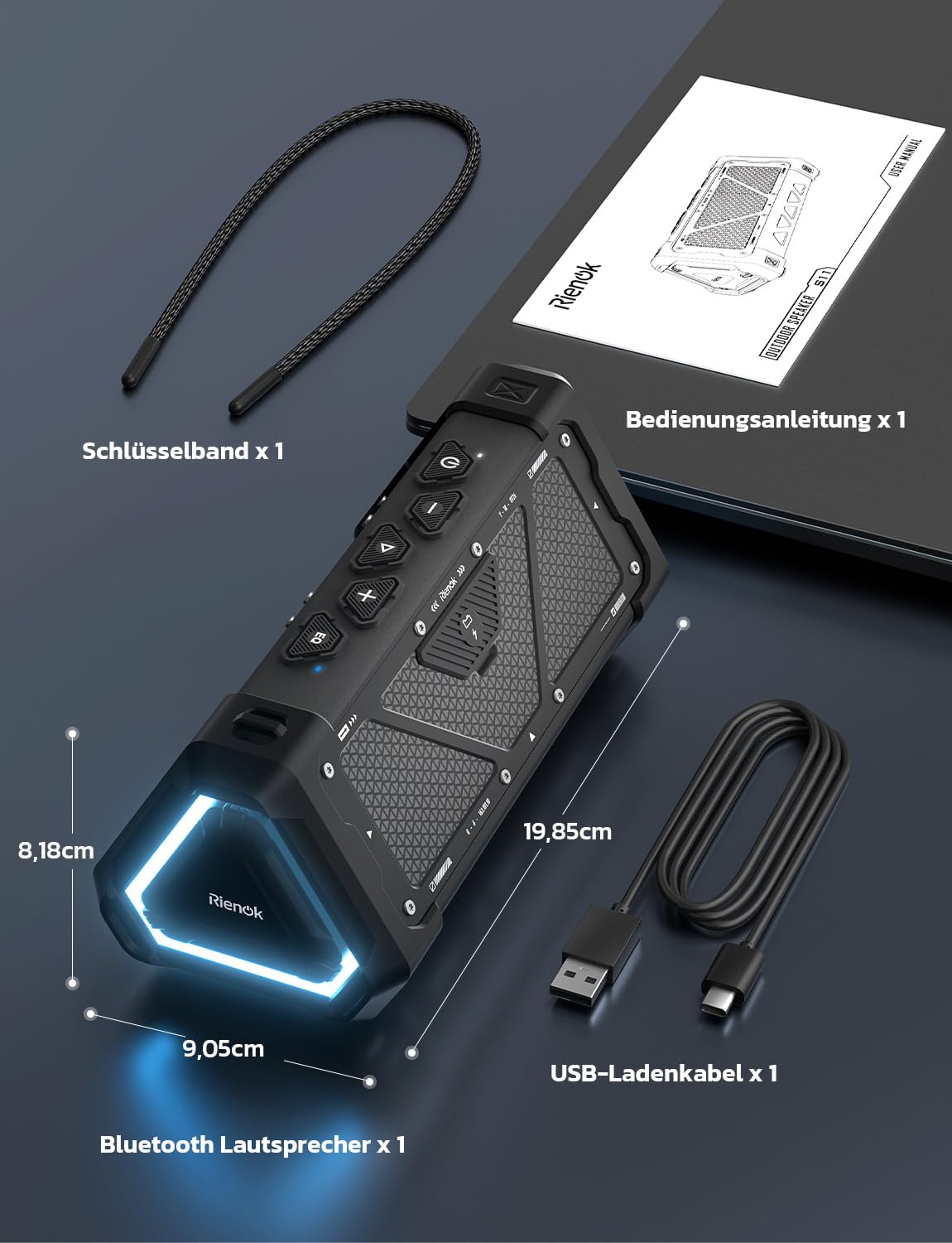 RIENOK S11 Bluetooth Lautsprecher 30W Musikbox mit EQ Modus USB IPX7 Bluetooth Box 24h Akku Tragbarer Lautsprecher mit Licht Bass für Phone Party Outdoor Strand Park Fahhrad