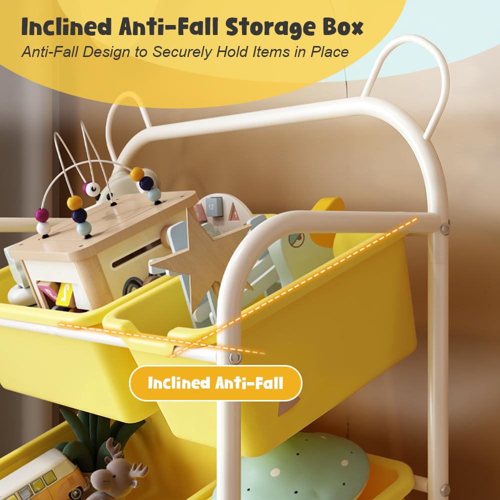 Organizador de Juguetes Infantil con Ruedas, 8 Cajas Amarillas Extraíbles, 4 Niveles, 63x28.5x122.5cm, Diseño de Orejas de Oso, Almacenamiento para Habitación Infantil (4 Tier)