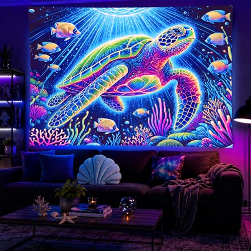 Image of BlissYard Blacklight Tapestry 78x59 Inch Trippy Sea Turtle Glow in the Dark UV Reactive Ocean Underwater Wall Hanging Neon Psychedelic Tapestry for Bedroom Dorm Room Decor Aesthetic Nautical Art