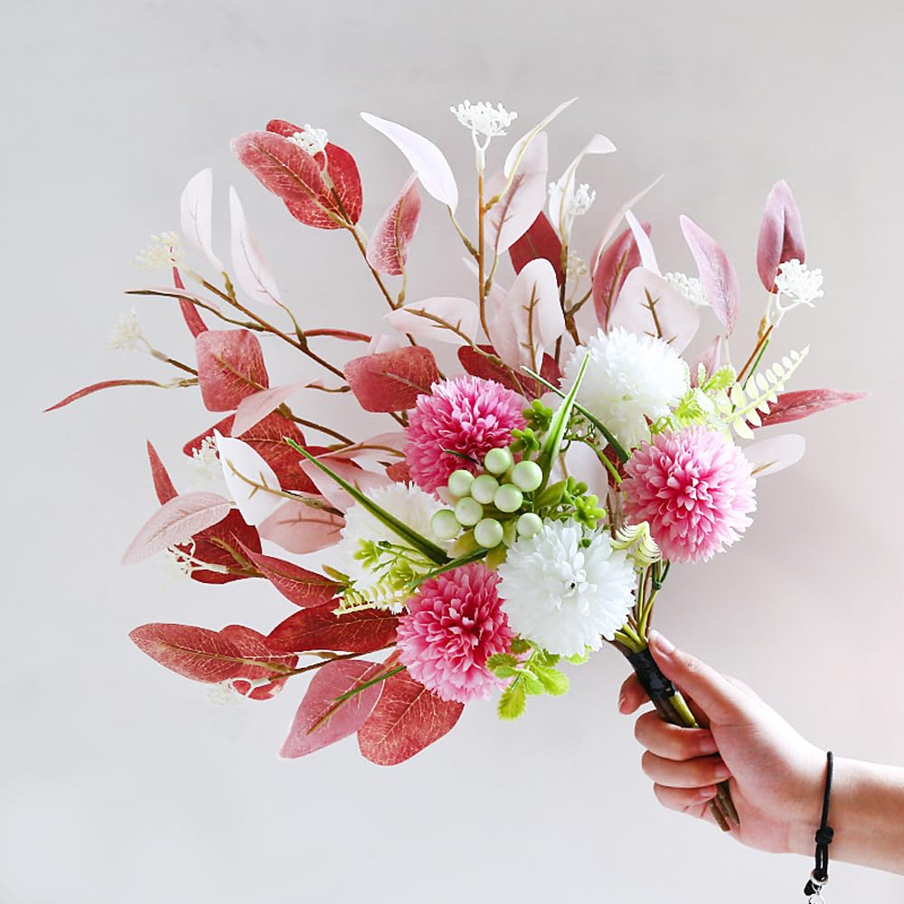 Artificial Flowers Set Hydrangea Eucalyptus Leaf Faux Plant Bulk Flower Leaf with Stems for DIY Centerpieces Wedding Party Home Decorations (Pink White)