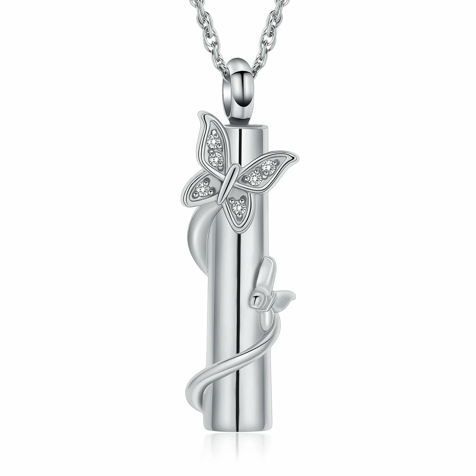 ADENLA Cremation Jewelry Butterfly Urn Necklace for Ashes for Women Cylinder Bar Urn Locket Ashes Keepsake Necklace of Loved One-Silver blue