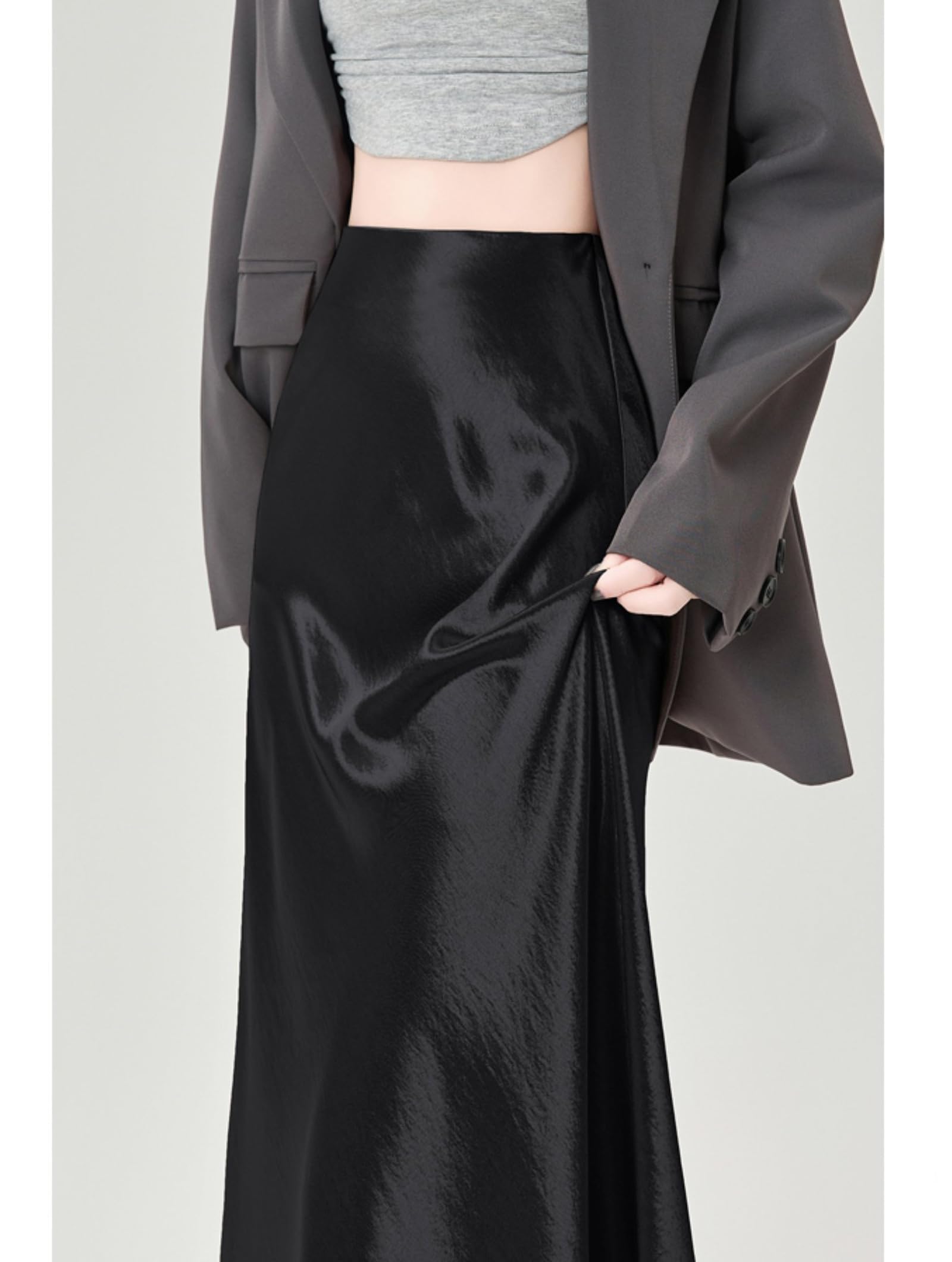 Femmes Jupe Hanche Satin Elégant Coupe Slim Ourlet Fluide Mode Casual Mince Élastique Taille Haute Longue Jupe Queue De Poisson