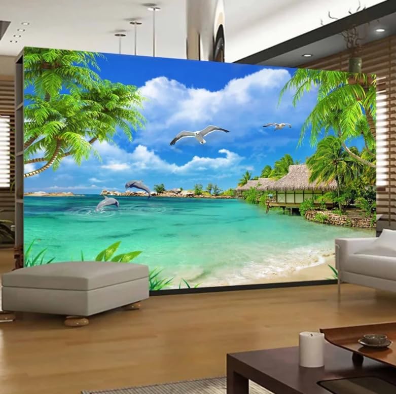 Papier peint plage vue sur mer 3D pour salon et canapé déco mural 300x210 cm