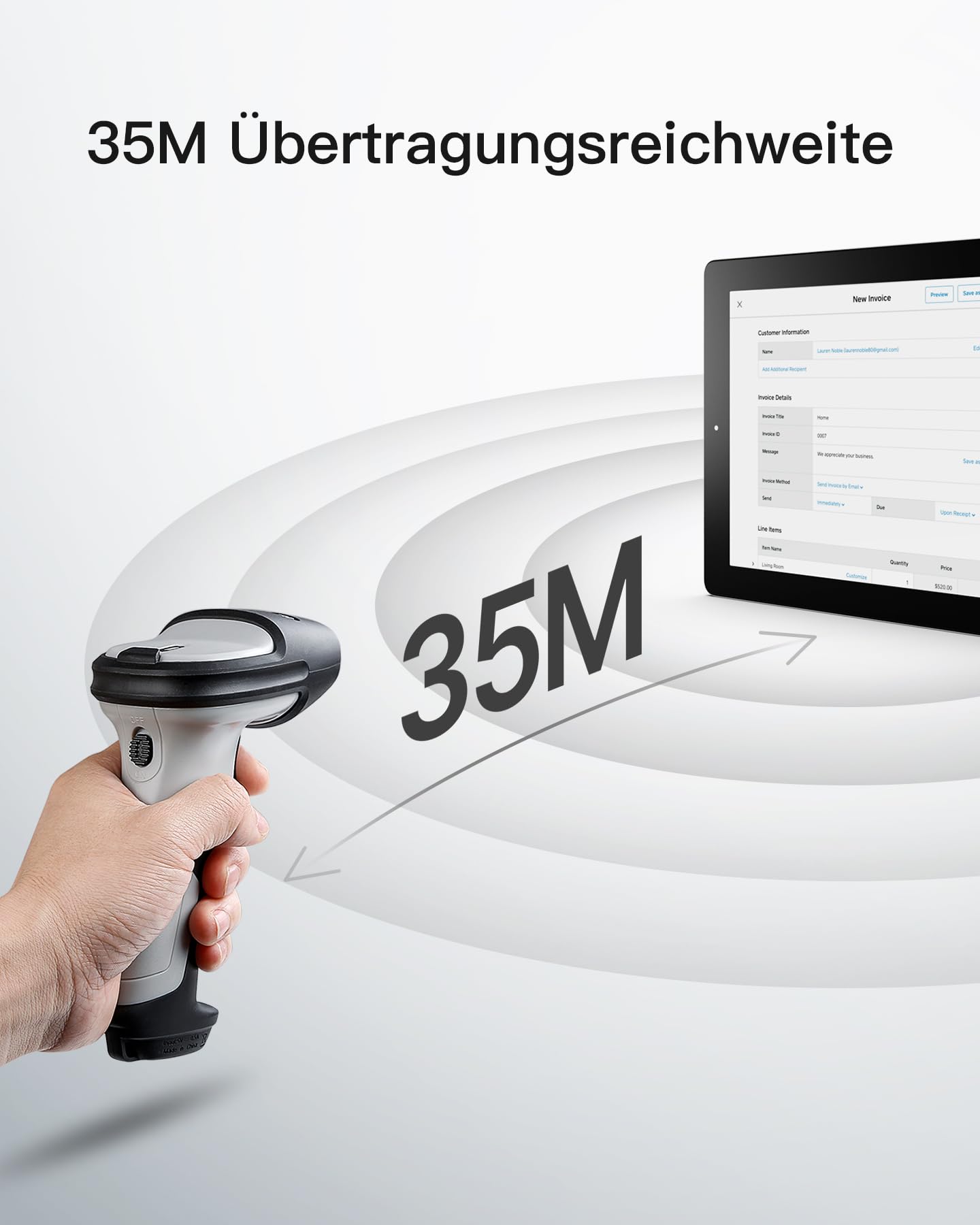 Inateck BCST-70 Bluetooth Barcode Scanner, Kabellos, 180 Tage Standby, 35m Reichweite