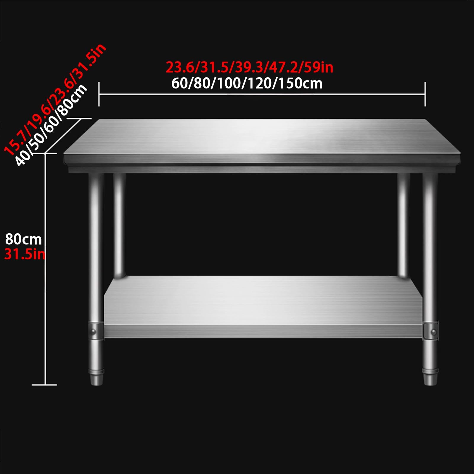Mesa de trabajo de acero inoxidable resistente, mesa de preparación comercial para cocina, restaurante, garaje, preparación de alimentos y fácil de limpiar, perfecta para chefs profesionales y