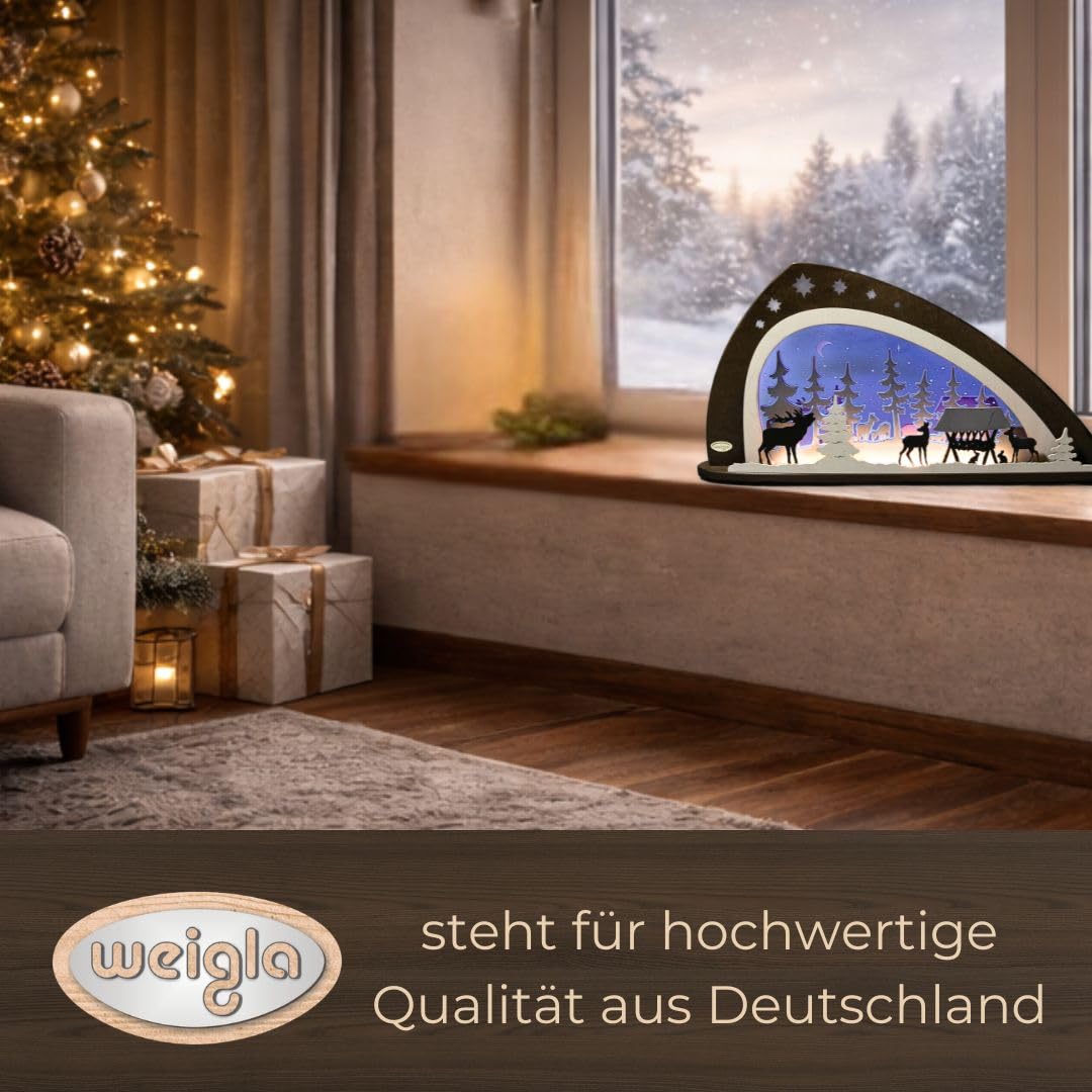 weigla - Schwibbogen original Erzgebirge I Motiv Waldtiere I LED-Lichterbogen Weihnachten I Größe 66 x 33,8 x 6 cm I Inklusive Beleuchtung I beleuchtete Weihnachtsdeko innen I aus Holz