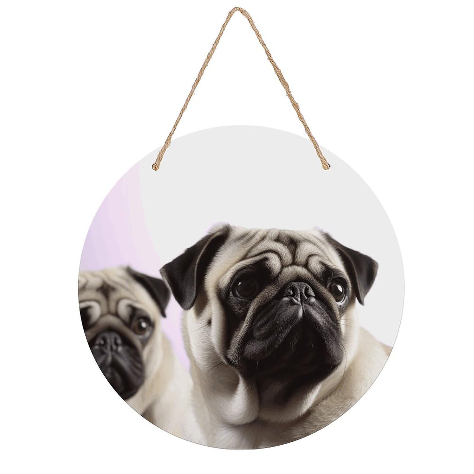VstaDank Pug Dog Wall Art Decor with Ropes Wooden Hanging Sign Hanging Wall Decor Artwork Round Wood Painting Modern Wall Prints Decor Picture for Office Bar Home Decors