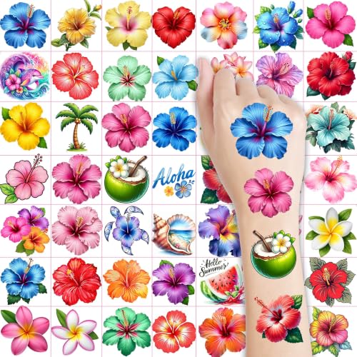 Image of Bilizar 50 Sheets Hibiscus Temporary Tattoos For Aloha Party Favor Supplies Summer Tattoo Sticker, Hawaii Flower Hibiscus Plumeria Fake Tattoos For Women Adults Hawaiian Beach Pool Party Decoration