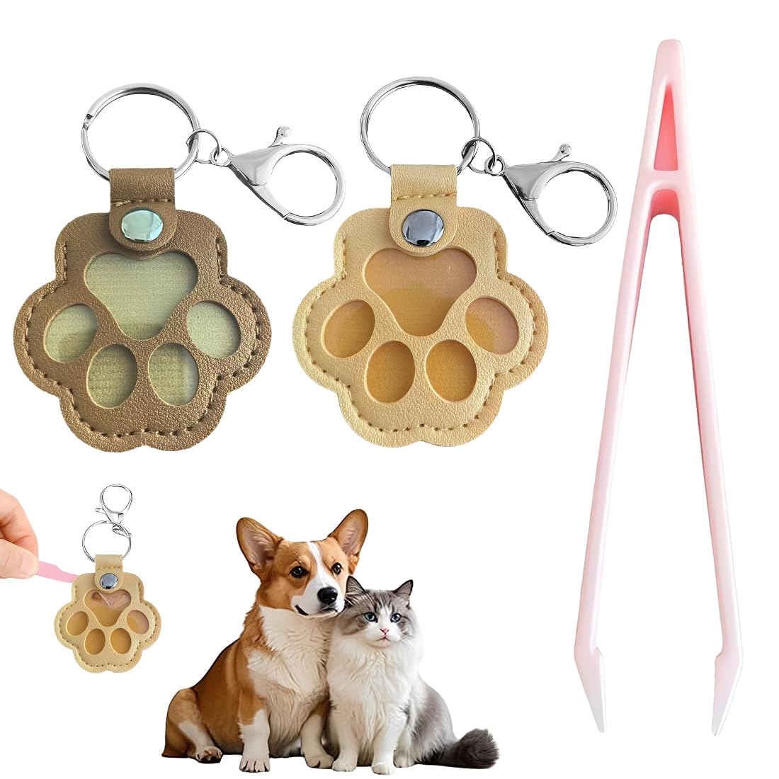 Set 2 Pezzi Portachiavi Ricordo Animale con Pinzette e Raccolta Peli per Cani e Gatti