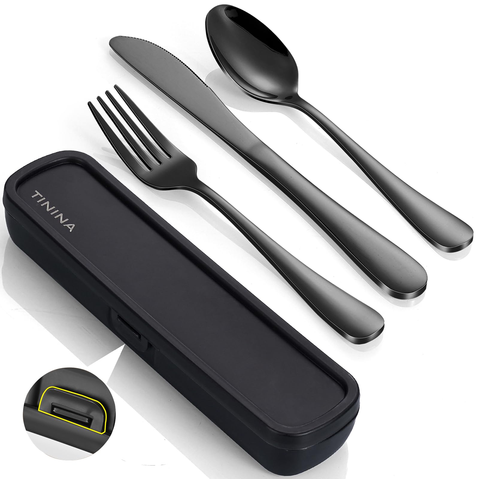Travel Utensils with Case, 4-Piece Stainless Steel Portable Cutlery Set, Reinforced Case with Buckle Design, Lunch Box for Camping Work School, Include Fork Spoon Knife, Dishwasher Safe, Black