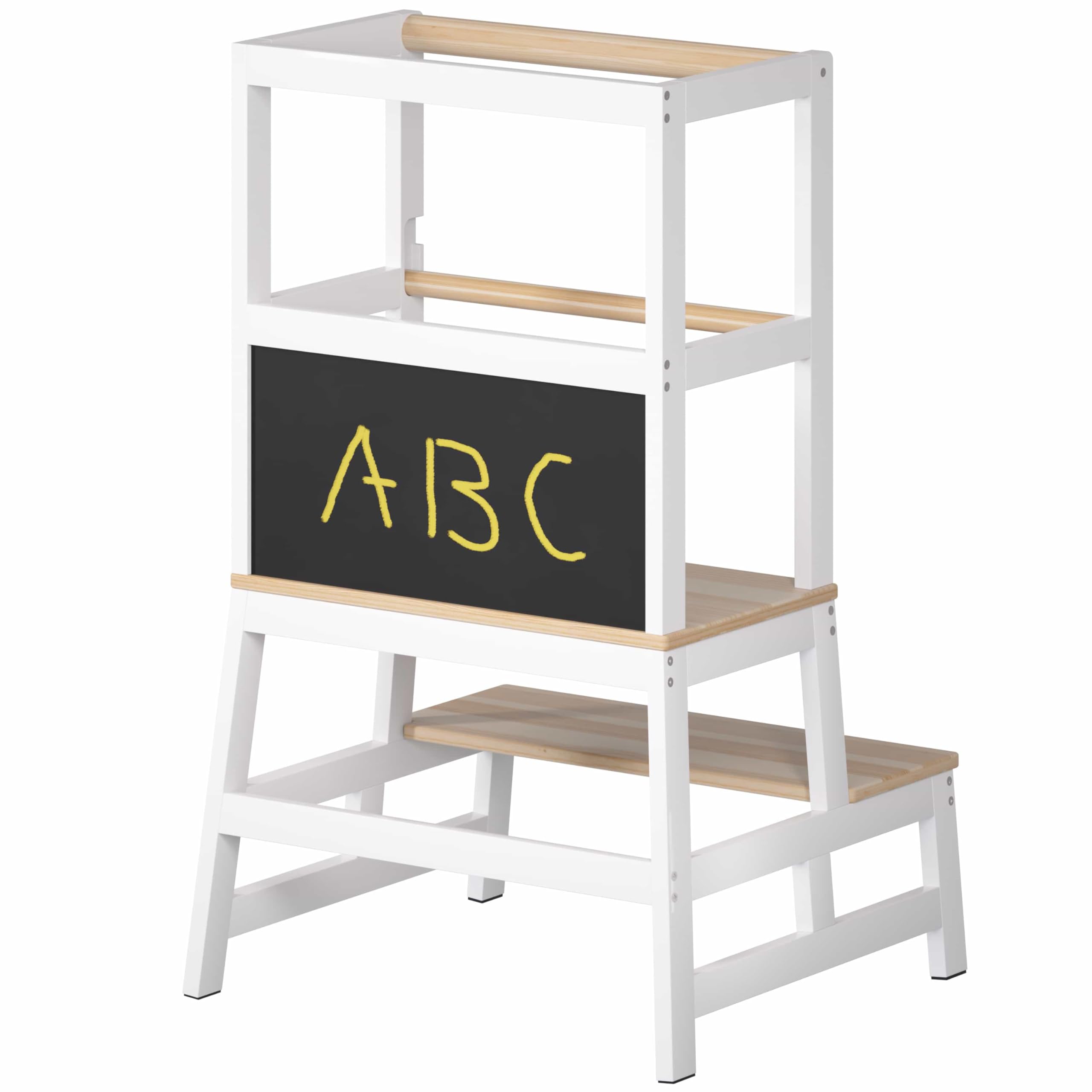 Spielwerk® Tour d'Observation Montessori en Bois pour Enfant, Stable et Sécurisée, Hauteur 93cm - Tour d'apprentissage avec Tableau noir, Marchepied Bois de Pin Blanc - Dès 2 ans