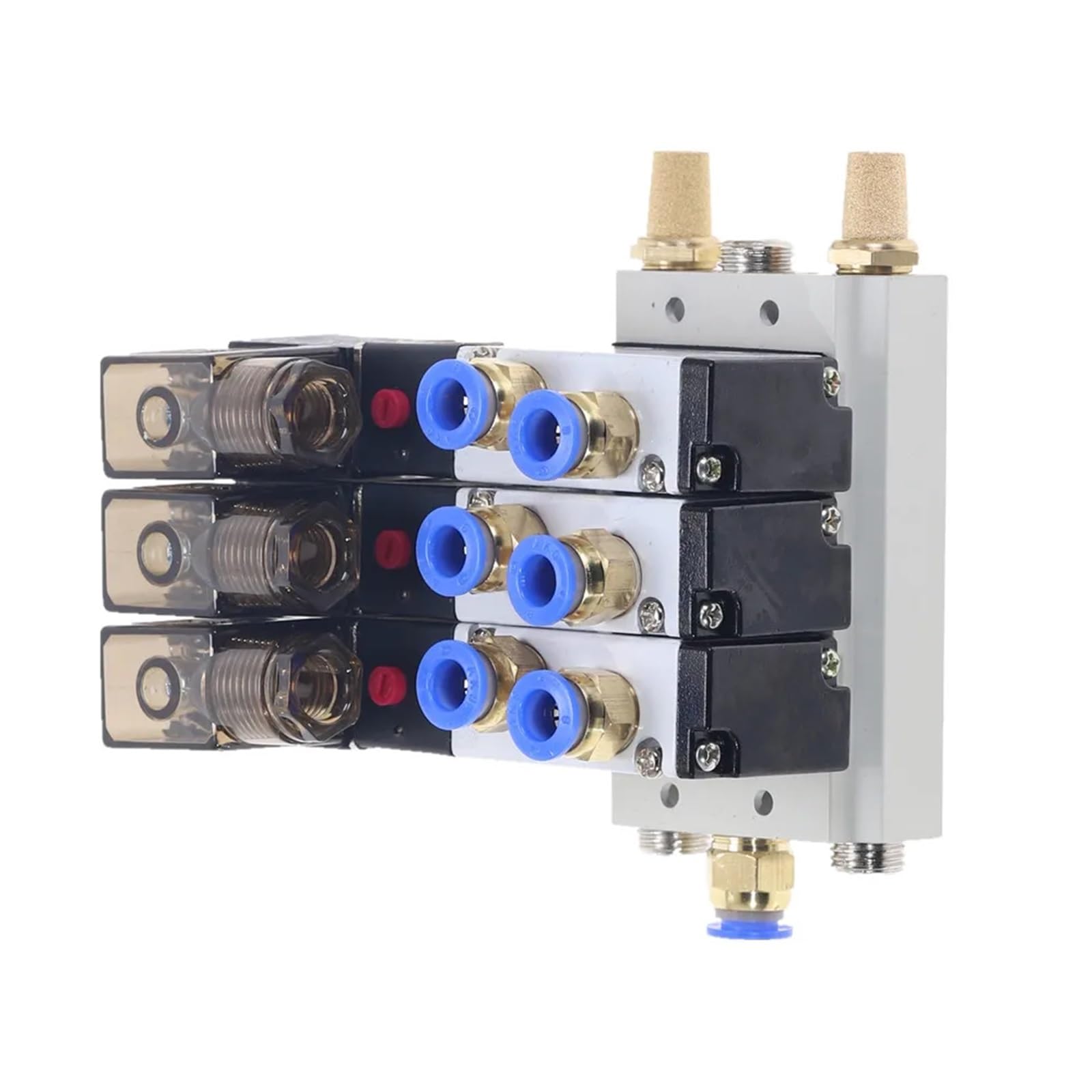 1 sztuka 3Way 4V210-08 pneumatyczny DC12V DC24V AC110 AC220 potrójny zawór elektromagnetyczny w podstawie złączy Push-In, tłumik 1/4" (złączki 4 mm, AC110V)