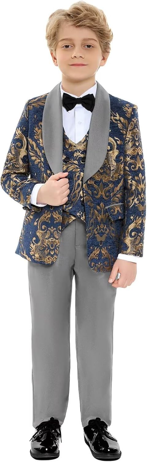Boys Suit 3 Pieces Paisley Jacquard Formal Slim Fit Tuxedo Jacket Pants Vest for Wedding Ring Bearer Set