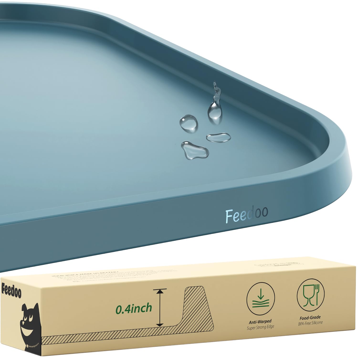 Feedoo Pet Feeding Mat [Warped Resistant Raised Edge], Water-Proof Silicone Placement for Food Water Bowls, Anti-Slip Base Protect Floor, BPA-Free&Dishwasher-Safe [28.5x16.5inch XL, Blue]