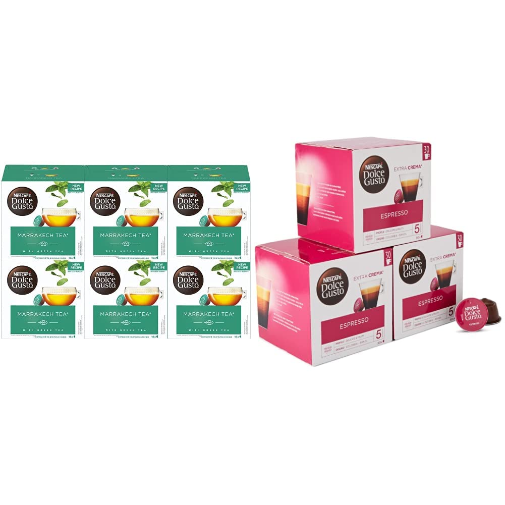 Nescafé Dolce Gusto Marrakech Tea - Thé - 96 Capsules (Pack de 6 boîtes x 16) & Espresso - Café - 90 Capsules (Pack de 3 boîtes XL x 30)