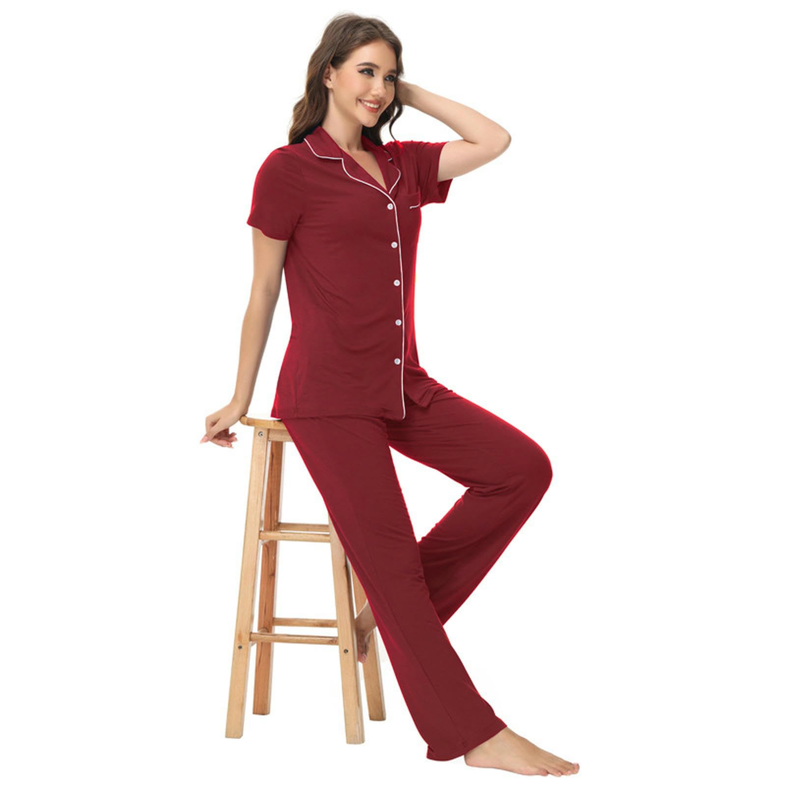 Pigiama da Donna Plus-Size Cardigan Abito maternità Wide-Leg Pantaloni Casa Pantaloni-Rosso Scuro-s