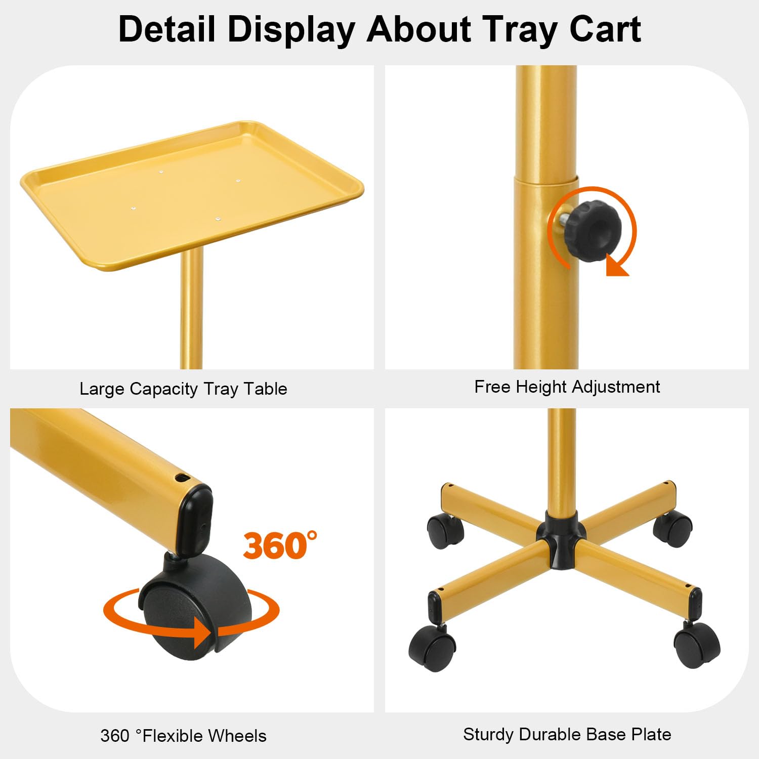 JOSTZHXIN Premium Aluminum Salon Tray, Tattoo Tray Salon Rolling Cart Adjustable Height, SPA Service Rolling Tray for Beauty Hairstylist Dental Clinic,Gold