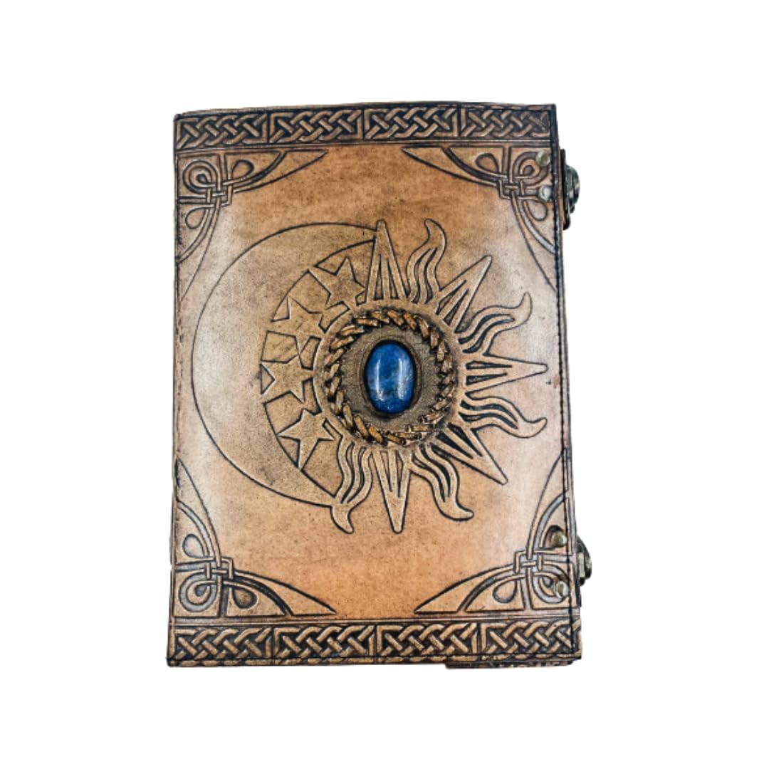 OVERDOSE Moom Lapis Stone Design Handmade vintage leather journa Double Lock Deckle edge paper, Blank spell book of shadows grimoire journal - 7x10 inches|17x25 cm|A4