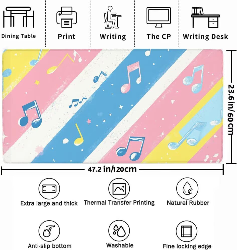 Podkładka pod mysz XXL 1200 x 600 x 3 mm, nuty muzyczne duża podkładka pod mysz dla graczy, niebieska podkładka pod mysz z antypoślizgową gumową podstawą, mata na biurko do zabawy, idealny prezent dla