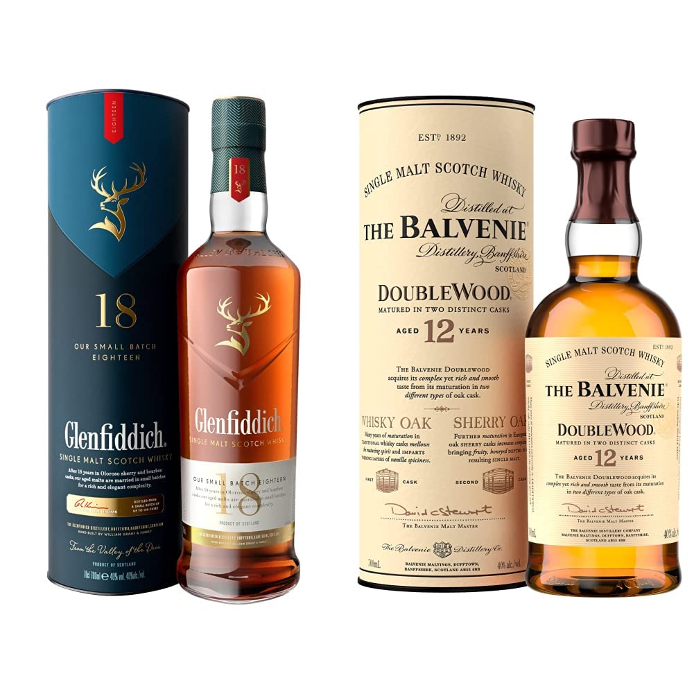 Glenfiddich 18 Jahre Single Malt Scotch Whisky mit Geschenkverpackung, 70cl & The Balvenie DoubleWood 12 Jahre, Single Malt Scotch Whisky, 70cl – ein Geschenk für Whisky-Liebhaber