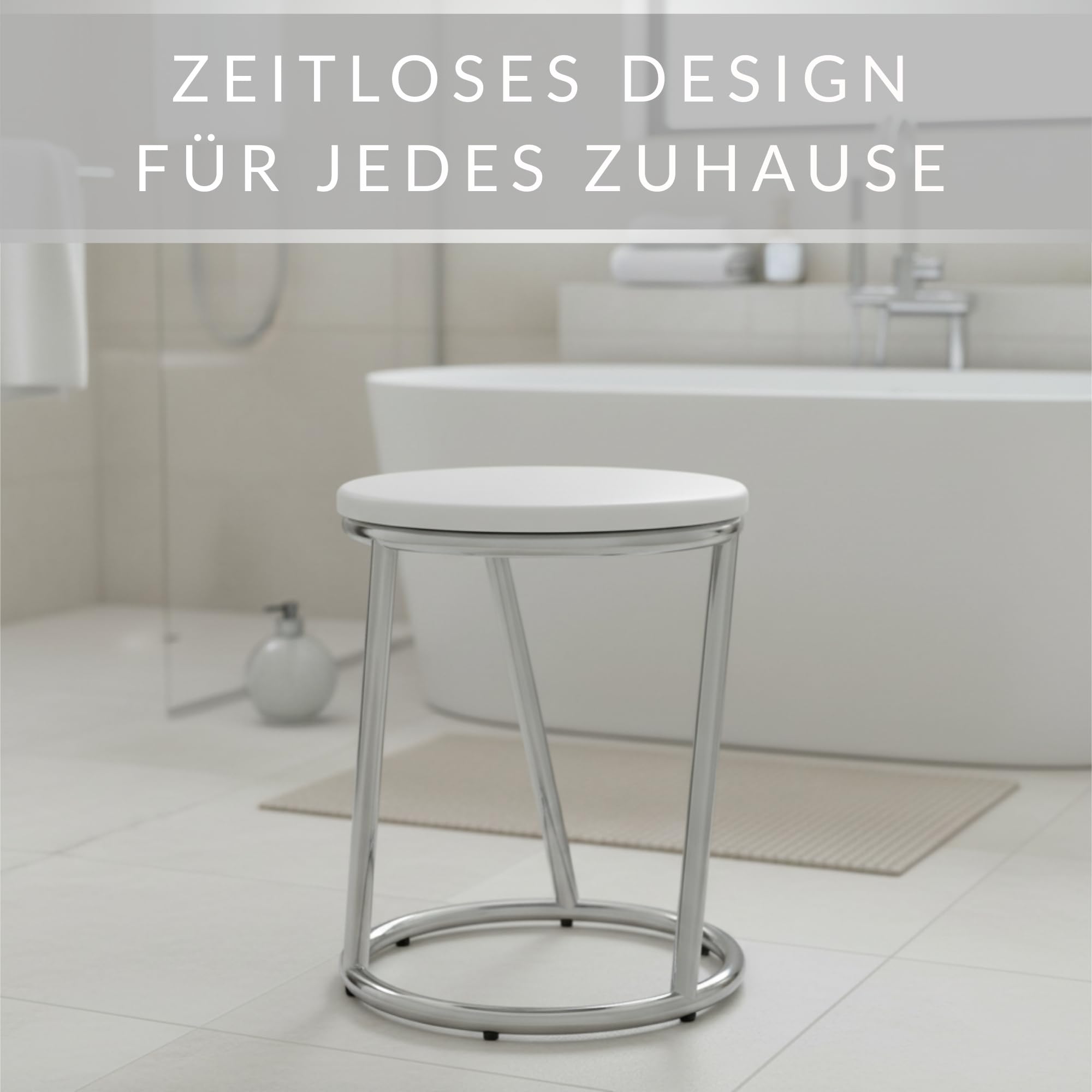 Badhocker Salina – runder Sitzhocker aus Metall Chrom glänzend – Stabiler Hocker mit weißer Sitzfläche im Bar Stool Design – vielseitiger Bad- & Küchenhocker, Schemel, Sitzbank