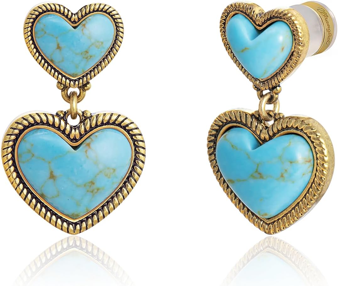Wrangler Western Turquoise Heart Dangle Earrings for Women Statement Gold Plated Affection Cowgirl Drops Jewelry