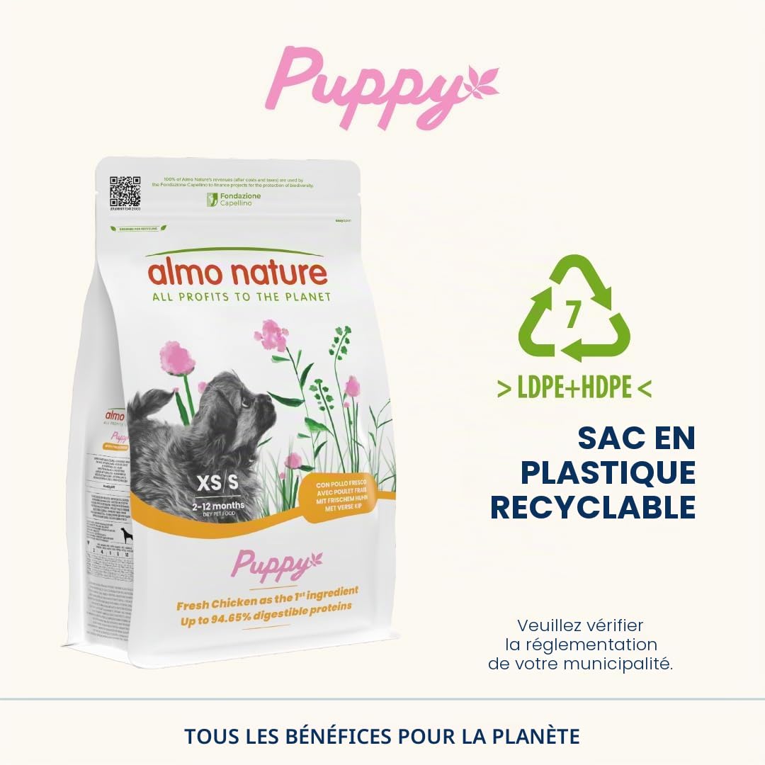 Almo Nature Puppy Croquettes pour Chien XS-S au Poulet 2 kg – Aliment Complet pour Chiots de Petite et Très Petite Taille