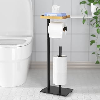Toilet Paper Holder Stand with Bamboo Top Storage Shelf, Black Toilet Paper Roll Holder Free-Standing, Floor Standing Toilet Roll Dispenser Storages 4 Reserve Rolls