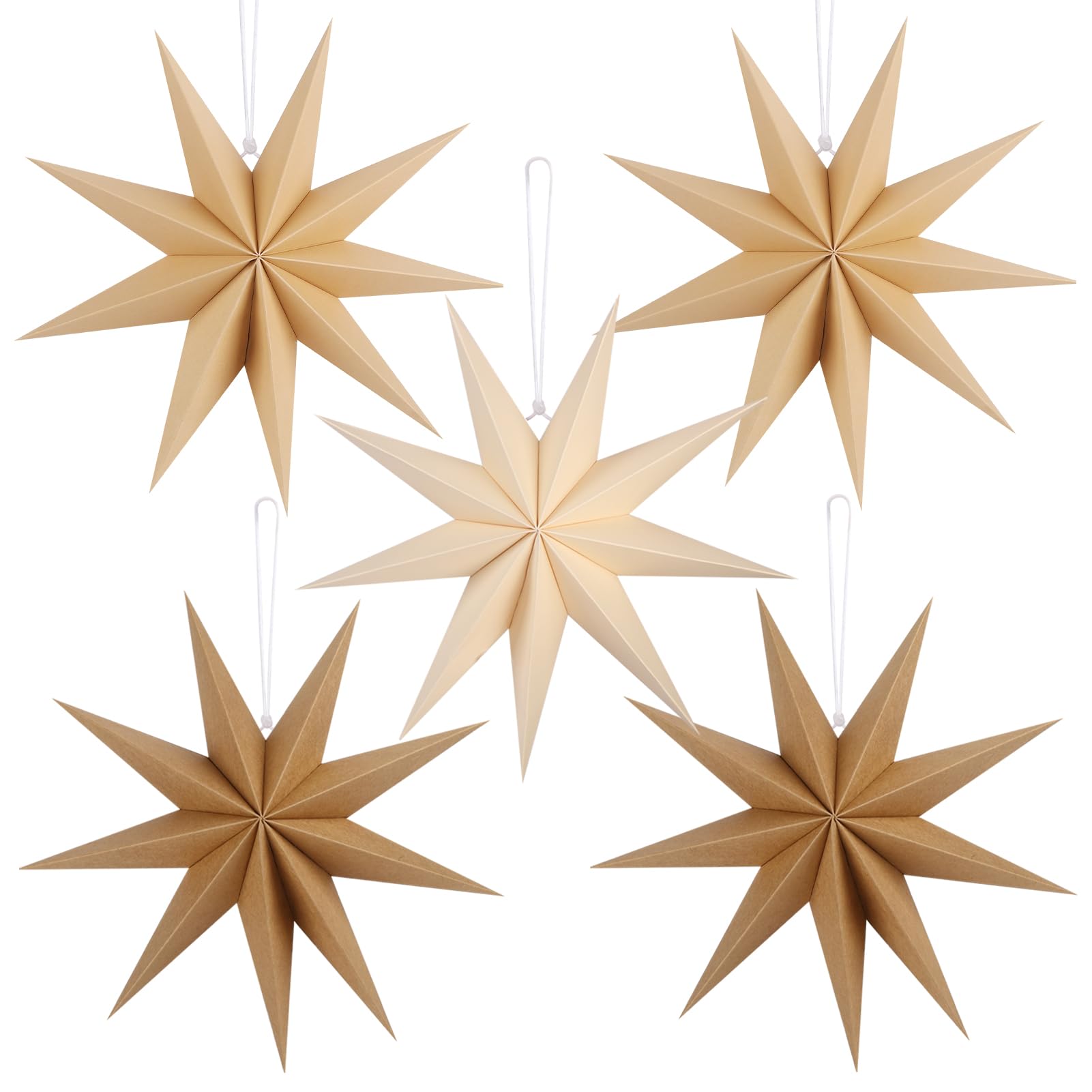12 Inches 5 PCS Brown Paper Star Lanterns Hanging Khaki Stars Christmas Party Decorations Hanging Beige Lampshade Christmas Wedding Birthday Christmas Home Party Decorations (9 Pointed)