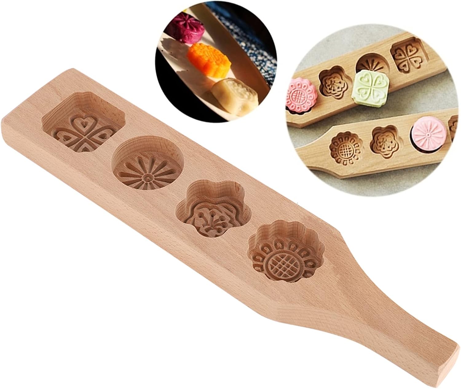Wooden Mooncake Mold, 4 Flower Shape Handmade Baking Mooncake Bun Mold for DIY Muffin Moon Pies Mooncake Cookies Mung Bean Cake Pastry(#2)