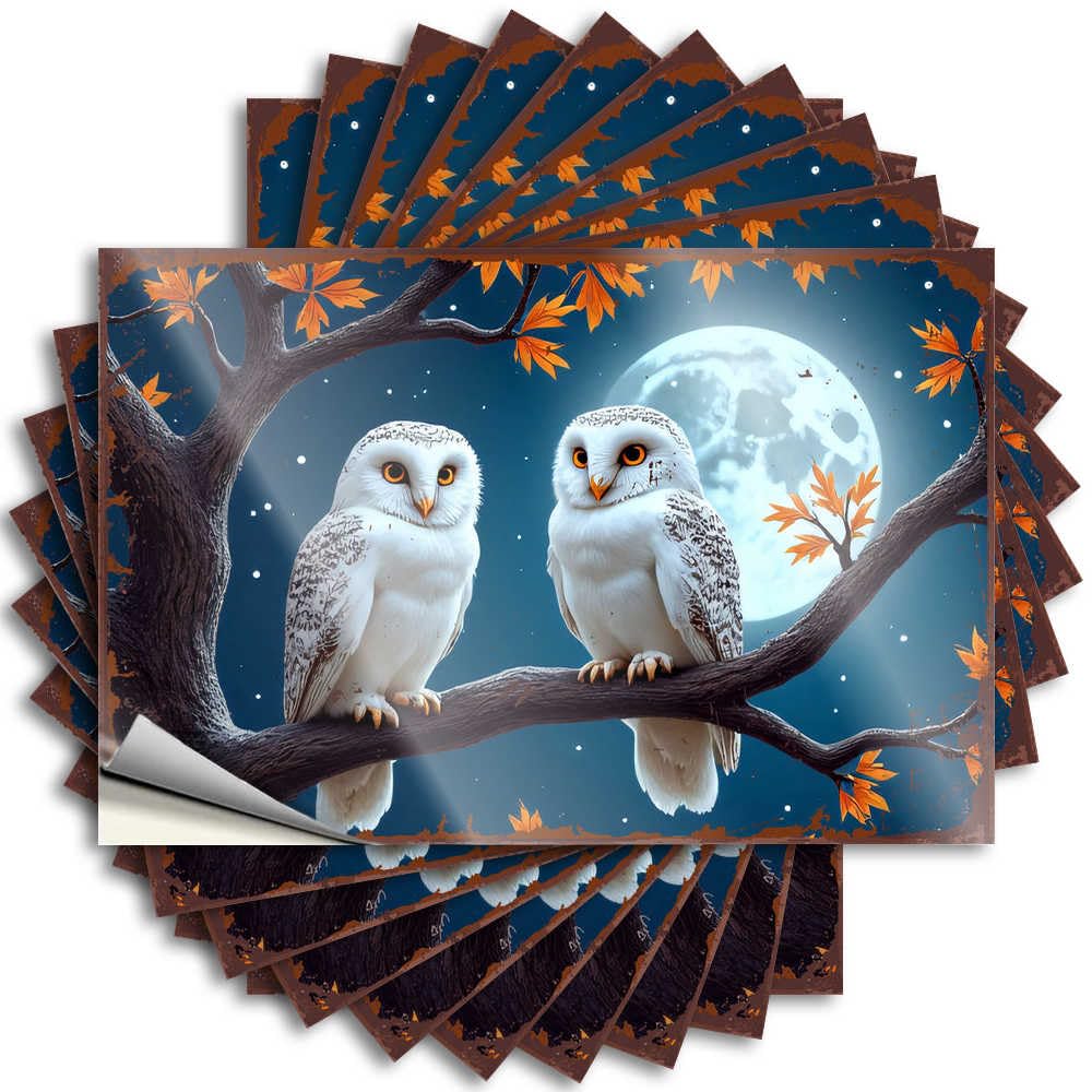 Fzfn Colour Dorm Room Stuff Decal Durable Window | Two Snowy Owls Perched On A Branch Under A Full Moon Personalized Self Adhesive Sticker For Inside Diy(12X18cm)