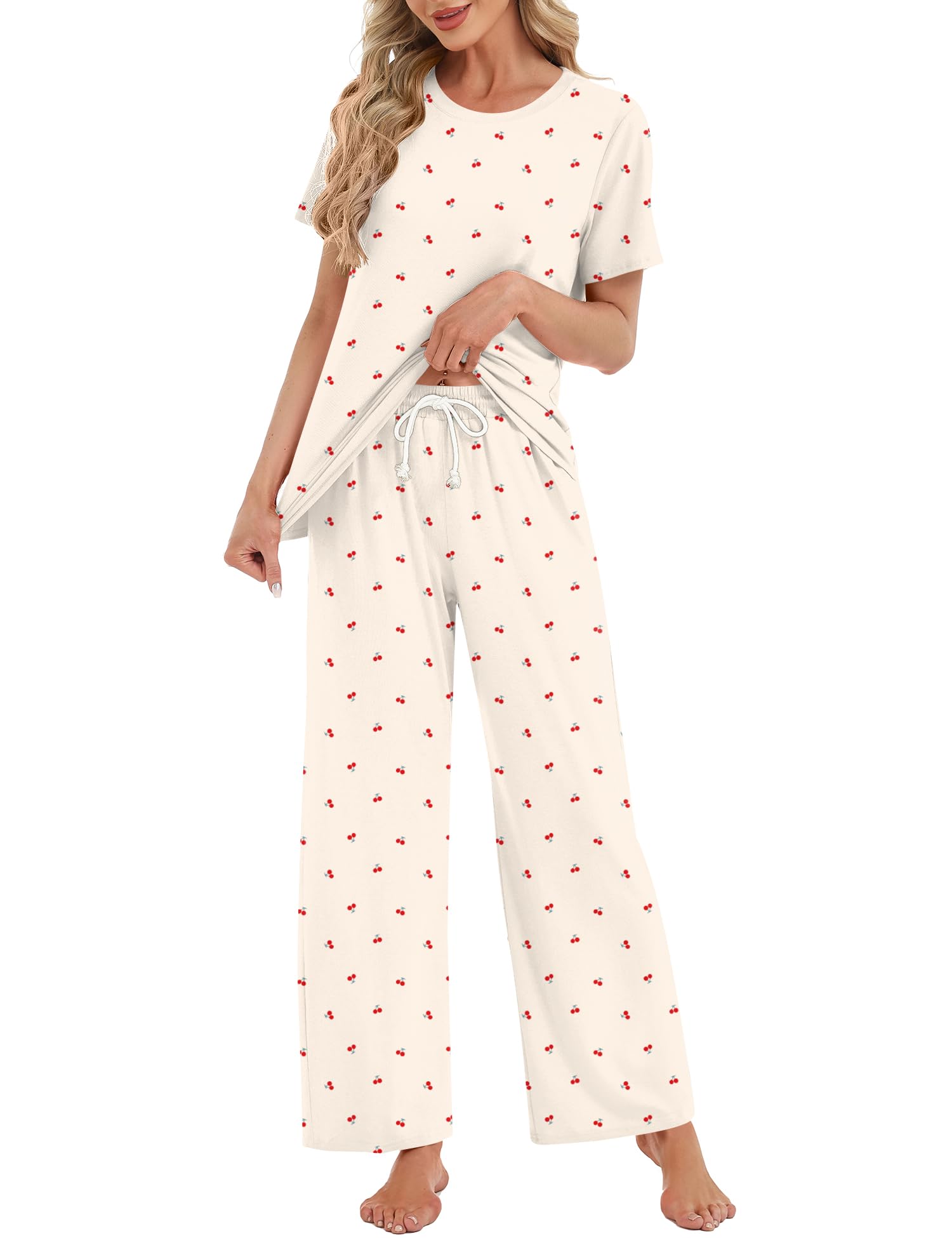 Rapbin Schlafanzug Damen Lang Pyjama Set Zweiteiliger Nachtwäsche Loungewear Damen Schlafen Oberteil und Schlafanzughose mit Taschen
