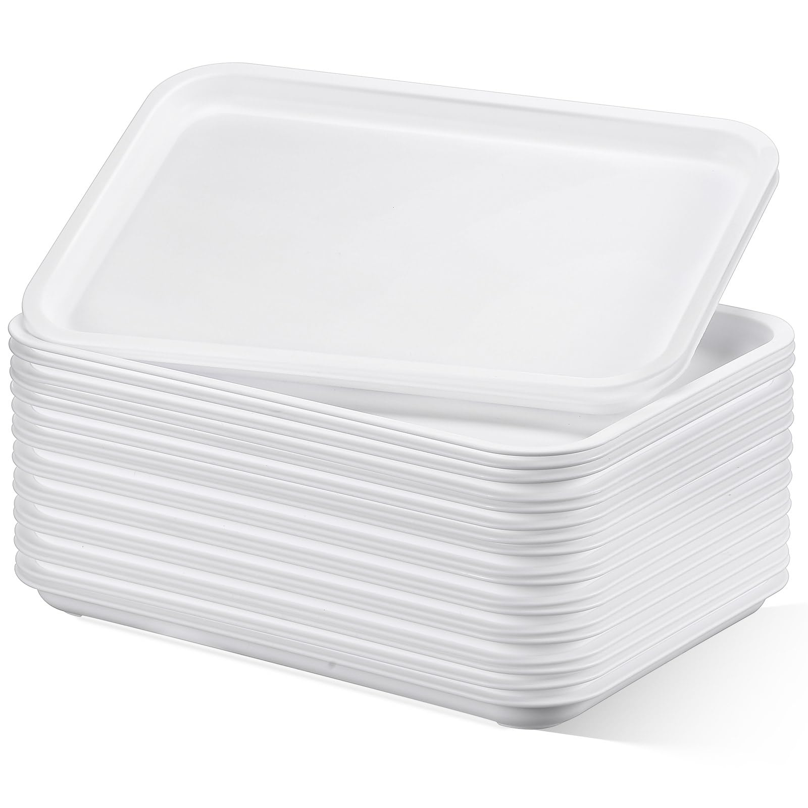 Uiifan 20 Pcs Thicken Plastic Fast Food Serving Tray Bulk Cafeteria Food Trays Rectangular Serving Trays for Kitchen Hotel, School Lunch Restaurant Meal Trays for Party (Large,White Colors)