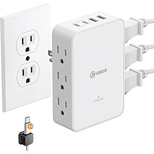Outlet Extender with 6AC Side Outlets,Flat Wall Outlet,PD 20W USB C | Multiple Outlet for Behind Couches Nightstands Desks TV,3 Sideways Plug Adapter,Electrical Outlet Extender with 4 Cable Clips