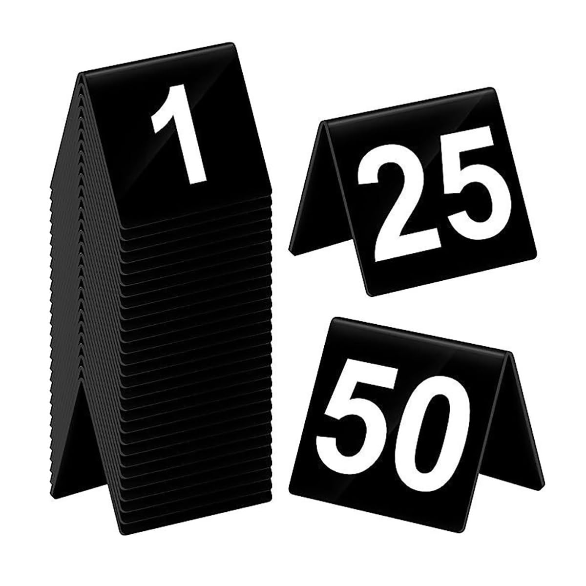 MYUYEE Place Cards,Table Numbers Acrylic Digital 1-25/50, Classic White Black Tabletop Signs 63X55Mm, Stackable Place Cards Digital Restaurant Number Plate, Flexible Weddin(Black-1 50)