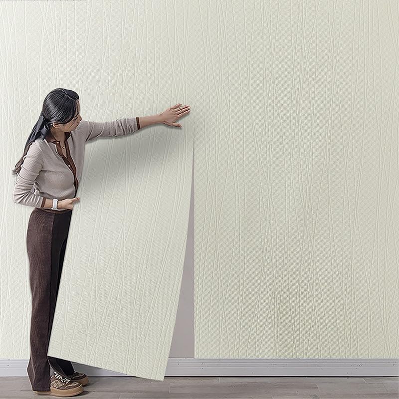 Tarwanear Beige White Wallpaper Non-Woven Striped Wallpaper Plain Minimalist Embossed Wall Paper Modern Geometric Design Decor Roll Kids Boys Girls Wallpapers for Bedroom Lounge — image 1