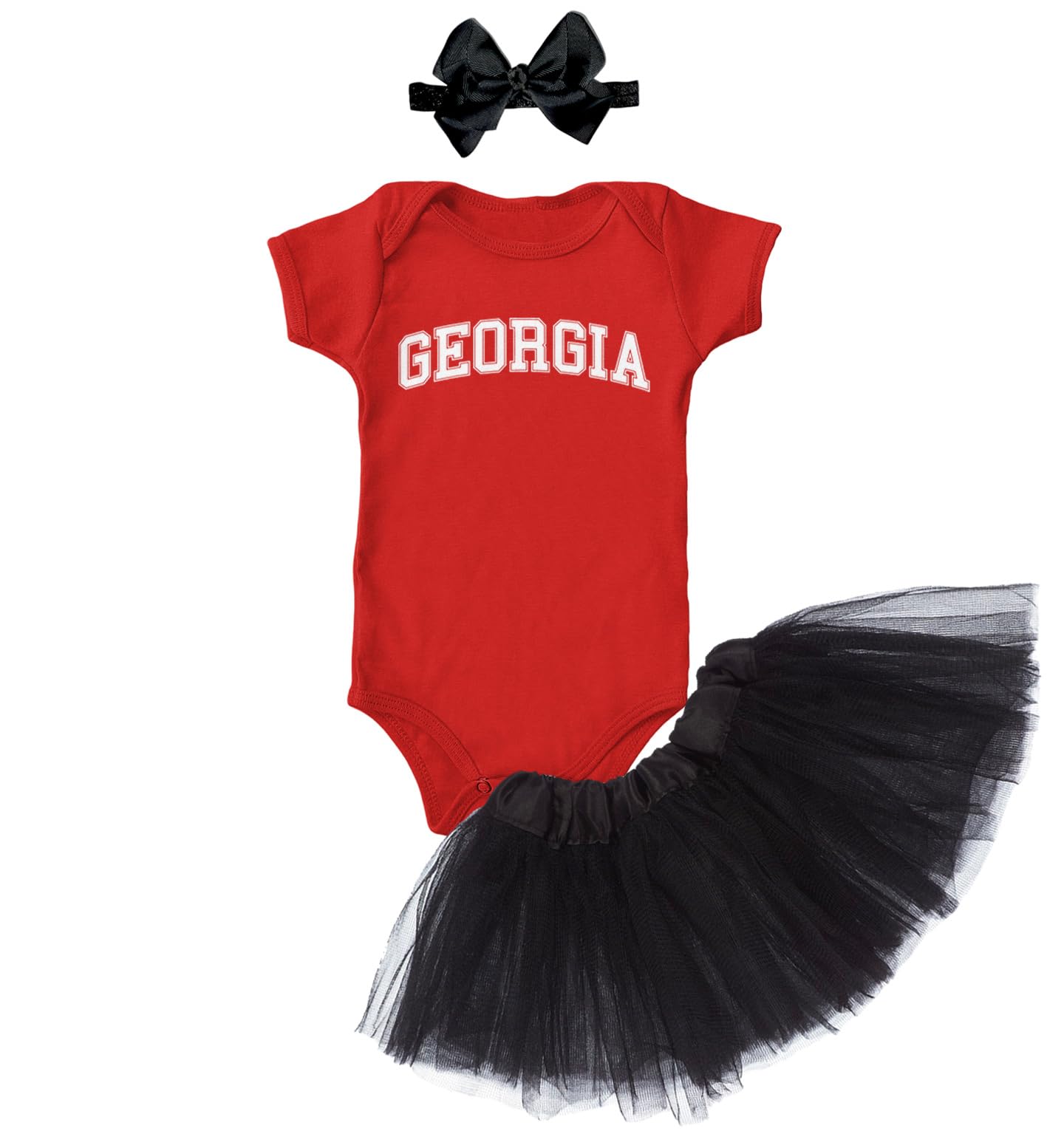 Haase Unlimited Georgia - State Proud Strong Pride Sports Baby Bodysuit + Tutu Skirt + Bow Headband Set