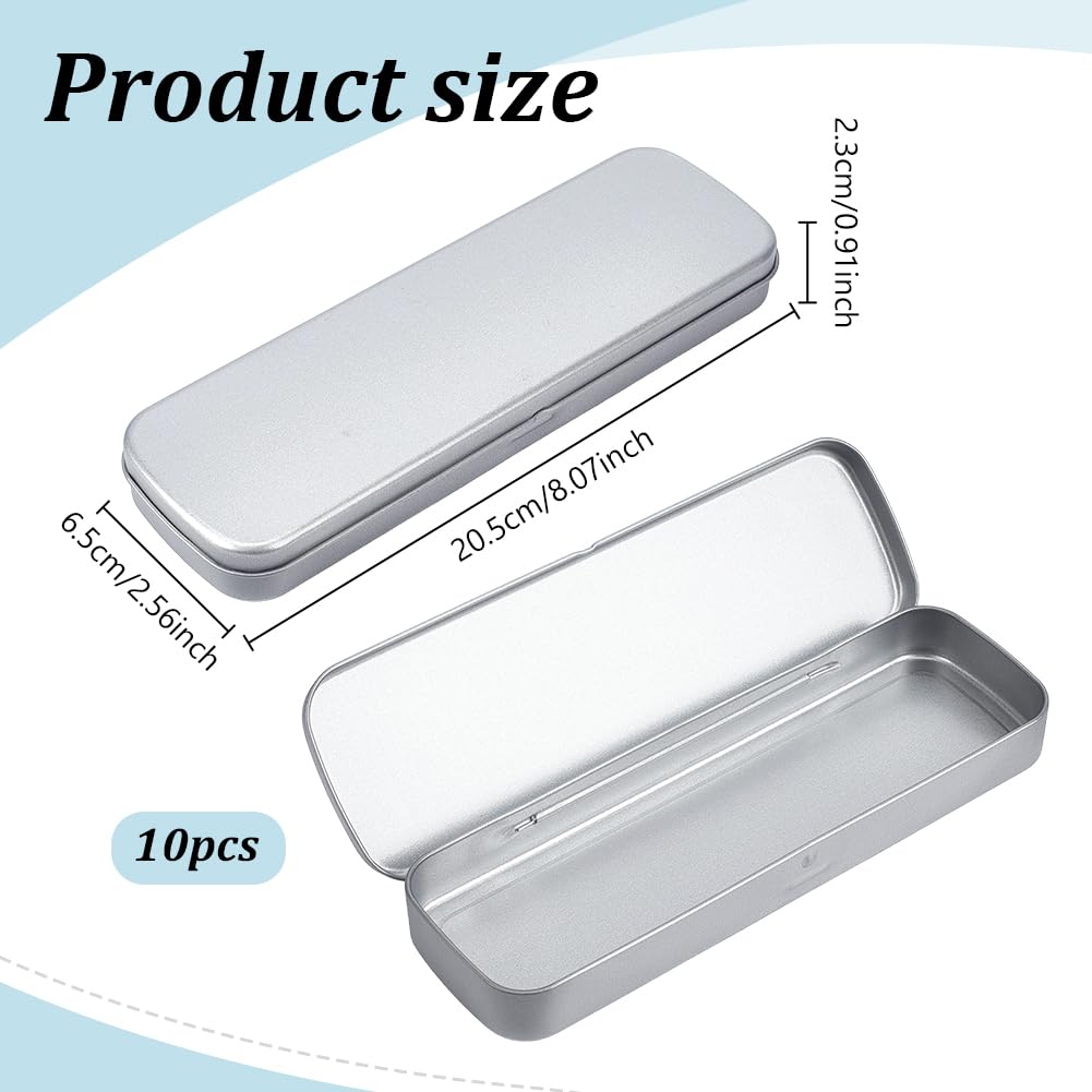 FREEBLOSS 10 estuches de estaño plateados con bisagras, caja de metal rectangular con tapa para suministros de oficina escolar, 7.9 x 2.6 x 1 pulgadas