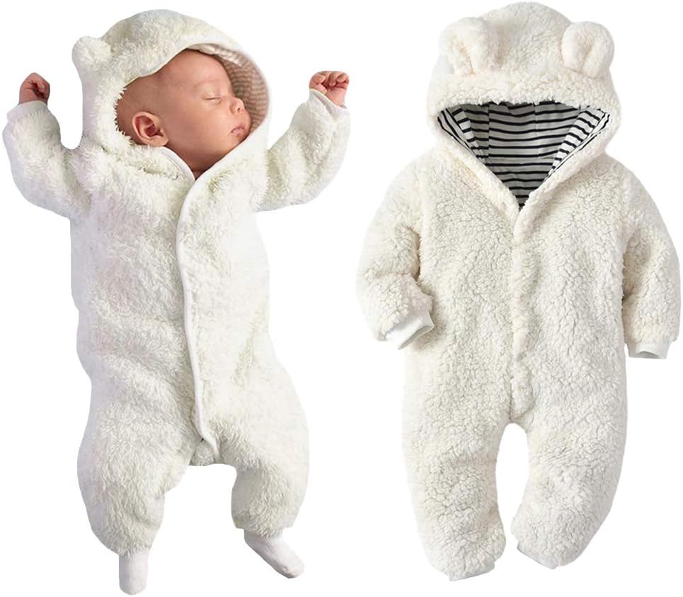 Newborn Baby Boy Girl Bear Ear Hoodie Romper Stripe Winter Fleece Warm Jumpsuit