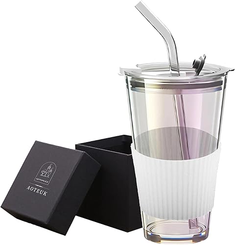 Vaso de vidrio con popote y tapa, 16 onzas, taza de café helado de vidrio para té de burbujas, batido, jugo (aurora transparente de hielo)