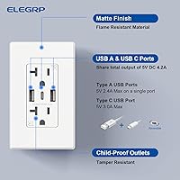 Vista 3 de ELEGRP Toma de pared USB, 3 puertos tipo C y tipo A duales, 20 amperios, receptáculo para iPhone, iPad, Samsung, Google, LG, HTC, dispositivos