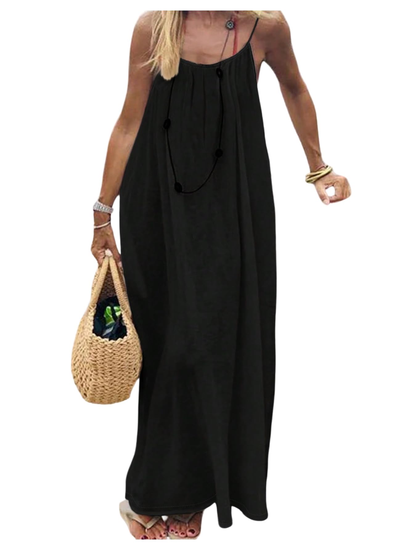 SHENHE Womens Open Back Spaghetti Strap Beach Maxi Dress Loose Flowy Vacation Sundress