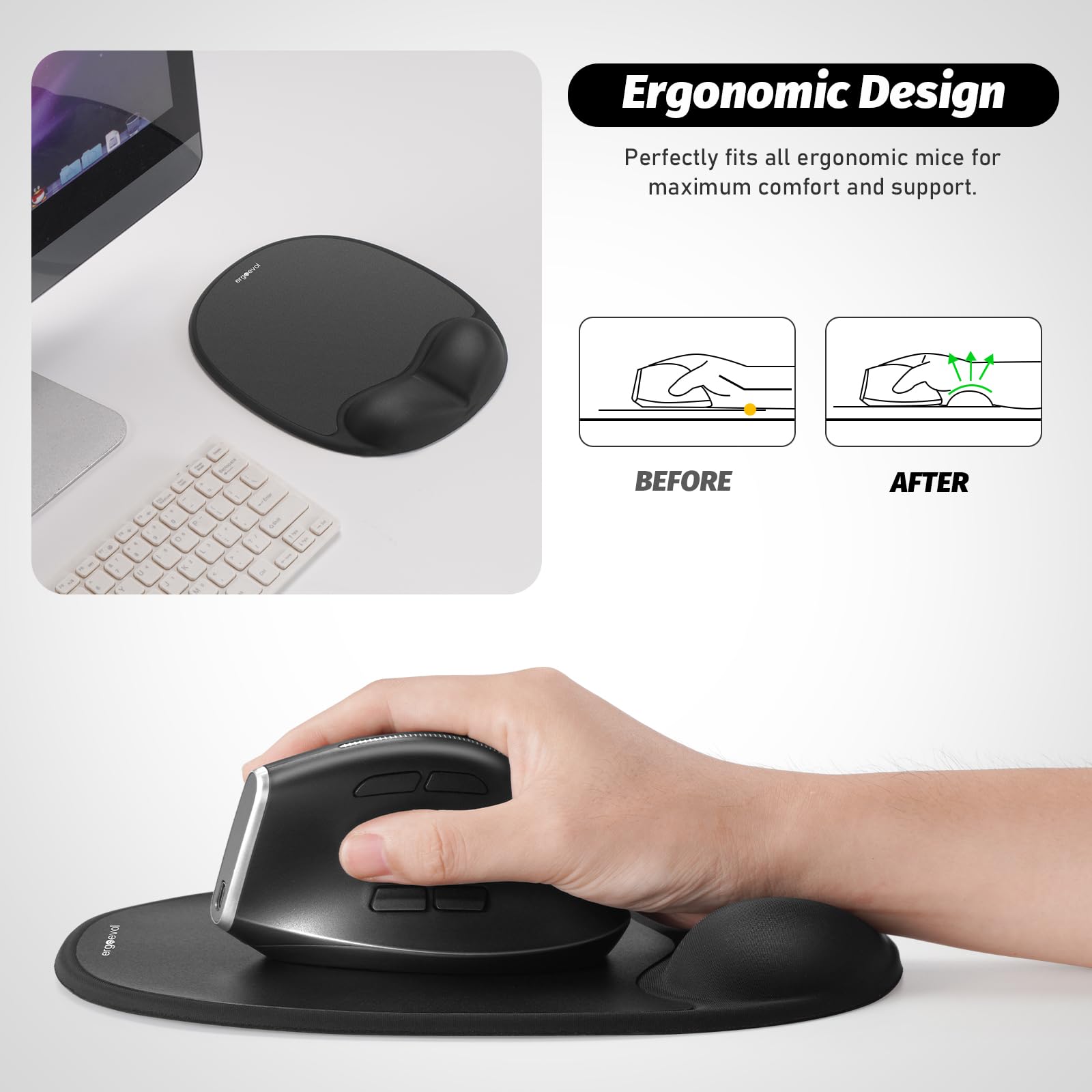 Tappetino per mouse con poggiapolsi in memory foam per mouse verticale (nero corvino)
