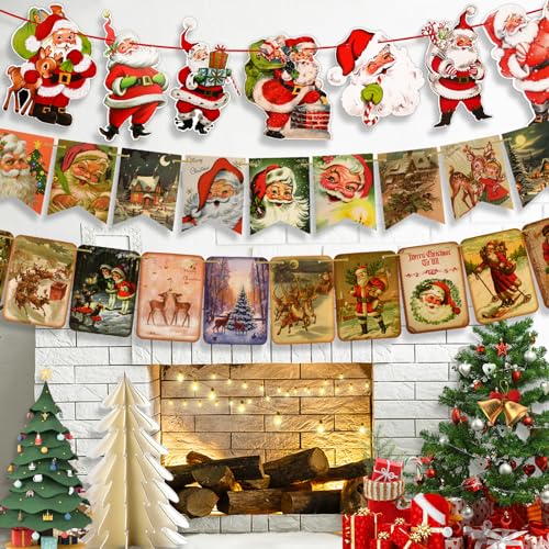 Konsait Vintage Christmas Banners - 35 Pcs Santa Cutouts & 3 Set Retro Decorations for Home, Office, Mantle & Wall