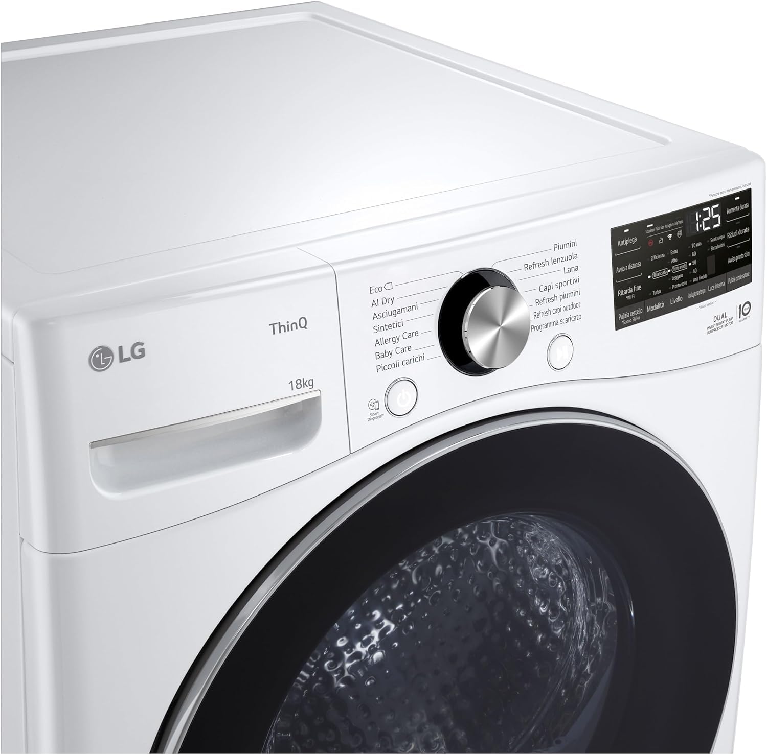 LG RH18U8AVCW Asciugatrice Smart 18kg, Classe A+++, Pompa di Calore DUAL Inverter, Motore Direct Drive, Intelligenza Artificiale AI Dry, Condensatore Autopulente, Wi-Fi, Serie U8, Bianca
