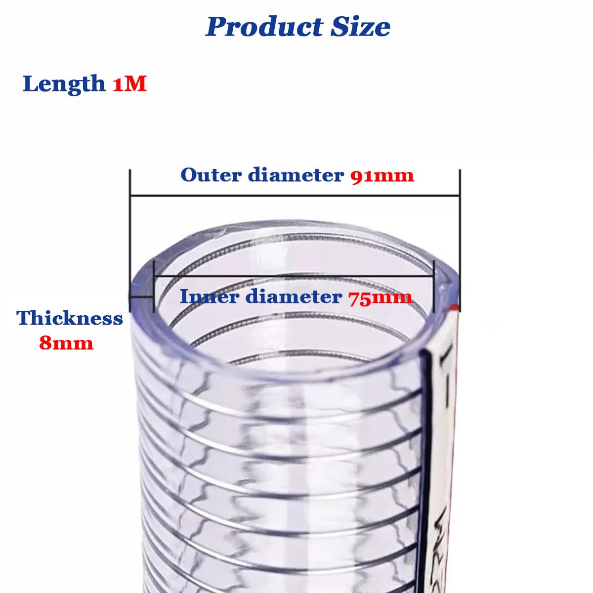 Tubo in PVC Trasparente Tubo Flessibile in Filo di Acciaio Trasparente Tubo Flessibile per Acqua in Plastica da 1 M,75mm x 8mm