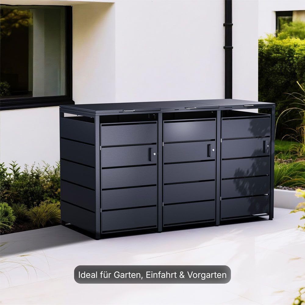 RS Trade Mülltonnenbox 3er Anthrazit für 120L & 240L, wetterfeste Mülltonnenverkleidung mit 3 Türen, abschließbares Mülltonnenhaus, Umhausung für Mülltonnen, Sichtschutz für Abfalltonnen draußen