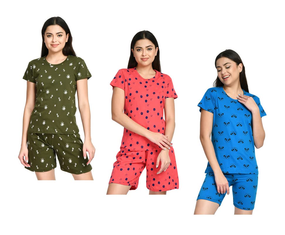 Image of IndiWeaves Cotton Printed Tops and Shorts Set Night Suit for Women (Pack of 3) Green::Caret::Blue