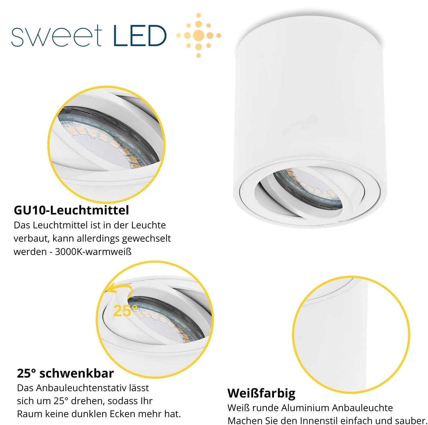 Sweet Led - Reflektor do zabudowy biały, natynkowy reflektor GU10 aluminium Ø 80 x 84 mm wychylny, reflektory sufitowe 5 W, reflektory LED 3000 K ciepła biel, lampa sufitowa 230 V, okrągłe reflektory
