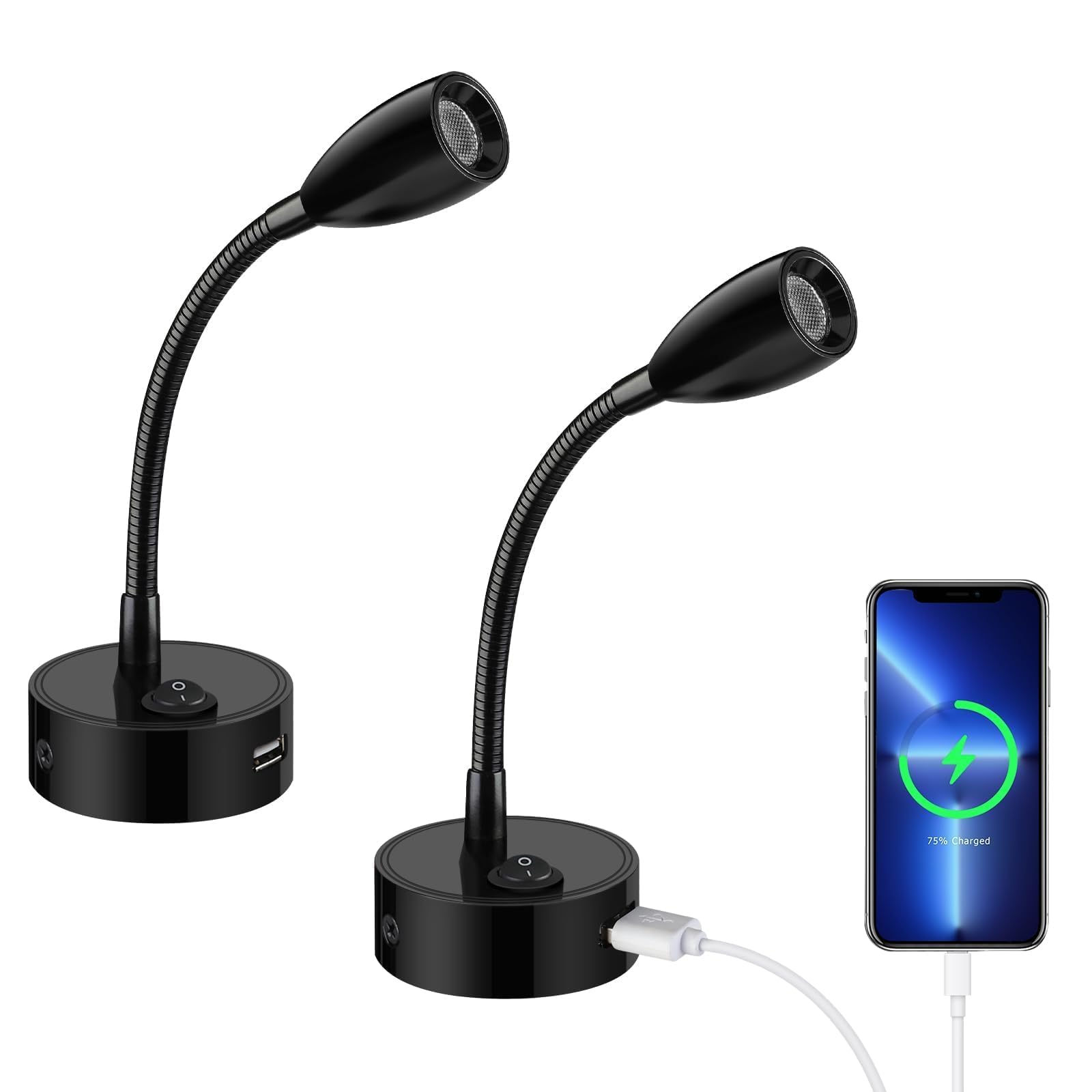 ERWEY 2er LED Lampa do czytania 12V Camper, 3W 3000K Lampa ścienna Lampa Łóżkowa z elastyczną gęsią szyją i portem ładowania USB DC12-24V Spot do łodzi, jachtu, vana oświetlenie wnętrza, czarny
